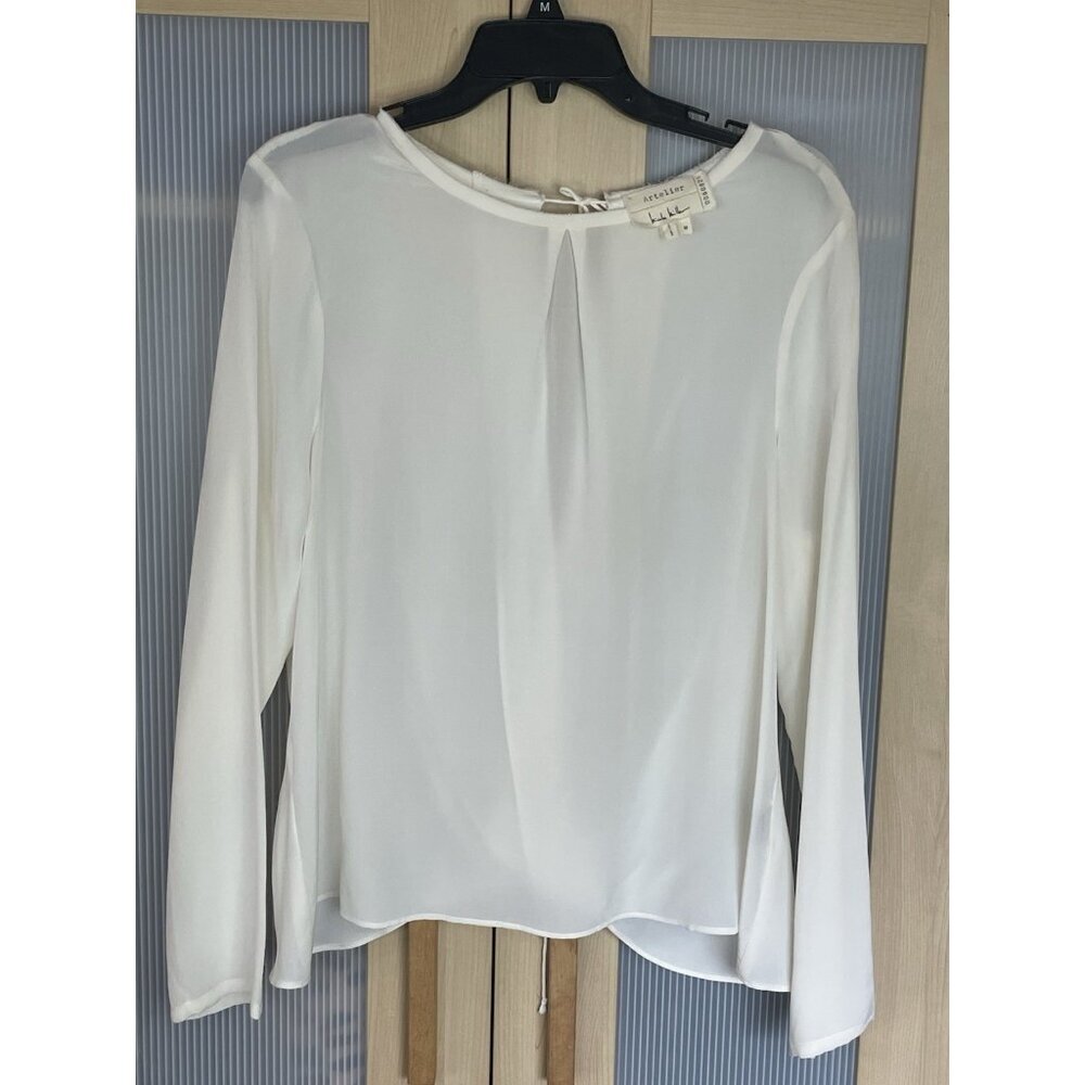Artelier Nicole Miller White Silk Sz M Blouse Elegant Career Cocktail Open‎ Back